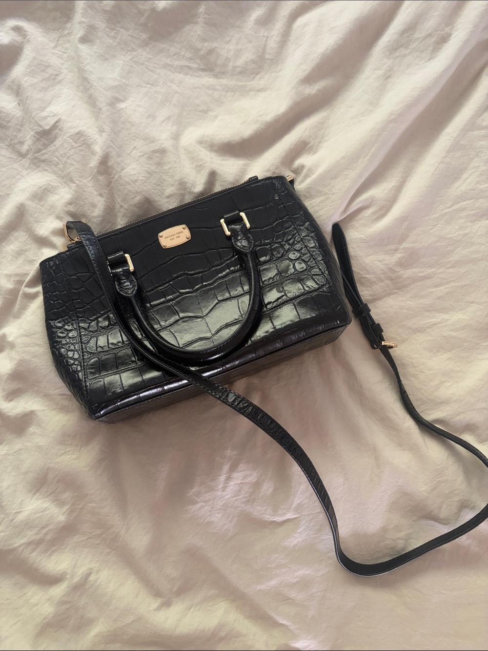 Michael Kors Black Croc-Embossed Satchel with Gold Plaque